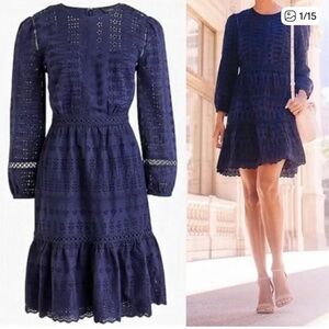 J.Crew navy blue eyelet long-sleeve flutter hem dress 100% cotton